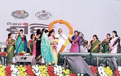 Chief Minister Naveen Patnaik being greeted at Mission Shakti convention in Kendrapara on Sunday | Express