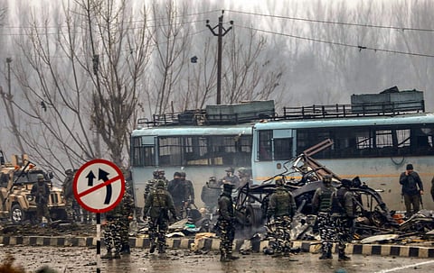 Soldiers at the Pulwama suicide bomb attack site. (File Photo | PTI)