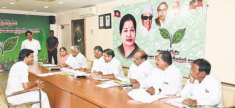 NP Ravindranath Kumar, son of AIADMK coordinator O Panneerselvam, being interviewed by the parliamentary board of the party, on Monday | Express