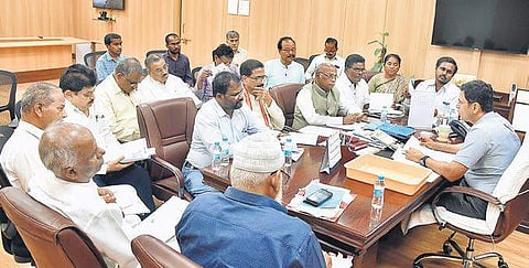 Telangana’s Chief Electoral Officer Rajat Kumar in a meeting with political party representatives at Secretariat on Monday | Express