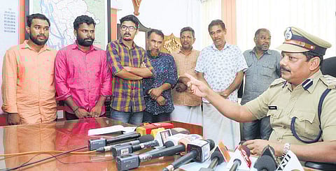 Murder accused (left to right) Manaf, Ali ibrahim, K E Salam, Muhammed Faisal, K K Sirajudheen and K I Yusaf at the Commissioner’s office in Kochi. (Photo | A Sanesh, EPS)