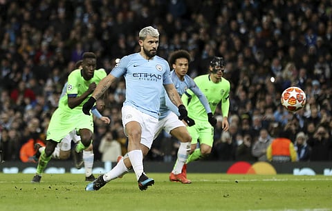 Manchester City's Sergio Aguero shoots to score from the penalty spot during the Champions League round of 16 second leg, soccer match between Manchester City and Schalke 04 at Etihad stadium in Manchester. (Photo | AP)