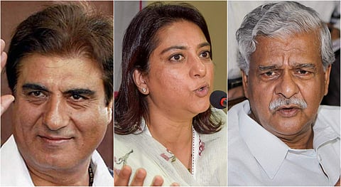 Congress candidates from left to right: Raj Babbar, Priya Dutt, Sri Prakash Jaiswal. (File | Agencies)