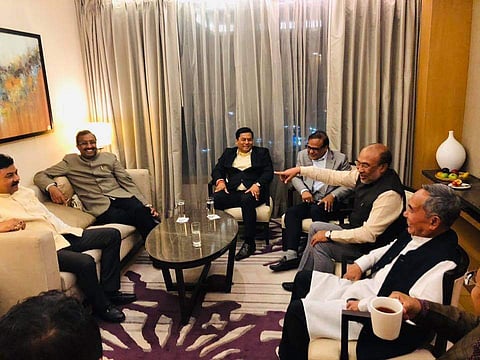 Ram Madhav with Sarbananda Sonowal in Guwahati. (Photo | Facebook/Ram Madhav)