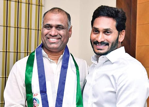 Industrialist Potluri Vara Prasad with YSRC chief YS Jagan Mohan Reddy at  Lotus Pond in Hyderabad on Wednesday | Express