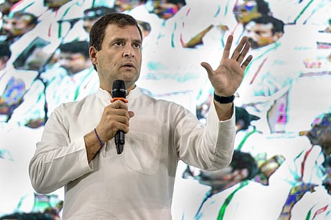 Congress President Rahul Gandhi addresses 'fishermen's parliament' at Triprayar in Thrissur Thursday March 14 2019. (Photo| PTI)
