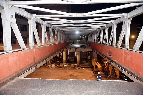 At least six people including two women are dead and 32 others are injured when footover bridge (FOB) outside Chhatrapati Shivaji Maharaj Terminus (CSMT) railway station collapsed during the evening peak hour on Thursday. (Photo | PTI)