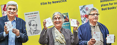 (From left) CPI(M) leaders Prakash Karat, Subhashini Ali and Sitaram Yechury during the launch of ‘The Communist Manifesto’ in New Delhi on Friday | PTI