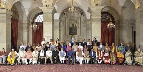 President Ram Nath Kovind on Saturday presented the Padma awards to 54 noted personalities, including scientist S. Nambi Narayanan and actor Manoj Bajpayee. [IN PHOTO |President Ram Nath Kovind Prime Minister Narendra Modi and other dignitaries in a group photograph with awardees at Padma Awards 2019 function at Rashtrapati Bhavan. (Photo | PTI)