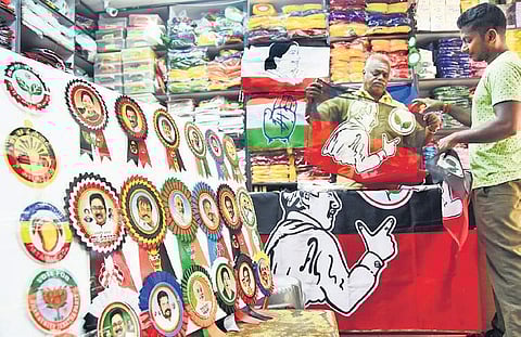 Following the announcement of election dates, merchandise of various political parties have been selling like hot cakes at shops in Broadway, Chennai. (Photo |Ashwin Prasath, EPS)