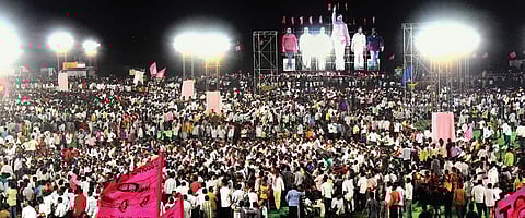 TRS president and Chief Minister K Chandrasekhar Rao kicks off his Lok Sabha election campaign by addressing a public meeting in Karimnagar on Sunday | Express