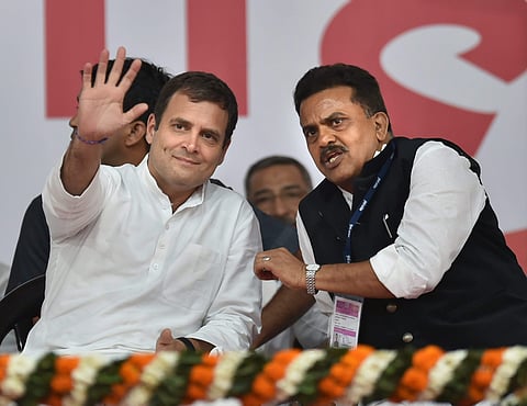 Congress President Rahul Gandhi with former Congress leader Sanjay Nirupam at a rally in Mumbai Friday March 1 2019. 