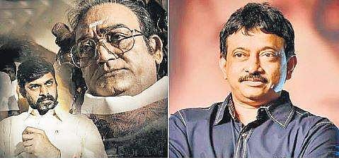 Filmmaker Ram Gopal Verma and poster of Lakshmi’s NTR