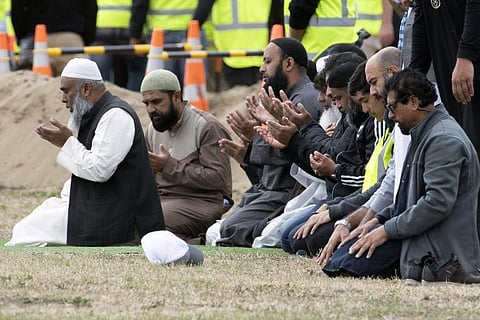 Mourners pray while attending the funeral of Haji Mohammed Daoud Nabi, victim of New Zealand's twin mosque attacks, at Memorial Park Cemetery in Christchurch. (Photo | AFP)