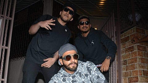 (L-R) Rappers Naezy and Divine with actor Ranveer Singh (bottom). (Photo | Twitter)