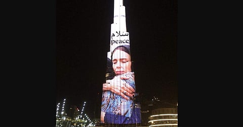 The image of New Zealand premier Jacinda Ardern projected in Burj Khalifa. (Twitter| HH Sheikh)