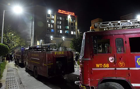 Fire tenders at AIIMS Trauma Centre after a fire in New Delhi. (Photo | PTI)