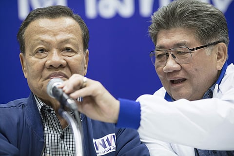 Senior leaders of Pheu Thai party, from left Virot Pao-In, leader and Phumtam Wechayachai, Secretary General hold a press conference at party head quarters in Bangkok, Thailand, Sunday, March 24, 2019. (Photo | AP)
