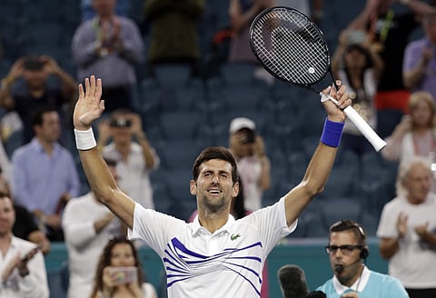 Novak Djokovic, of Serbia, celebrates after his match against Federico Delbonis, of Argentina, during the Miami Open tennis tournament, Sunday, March 24, 2019, in Miami Gardens, Fla. Djokovic won 7-5, 4-6, 6-1.  (Photo | AP)