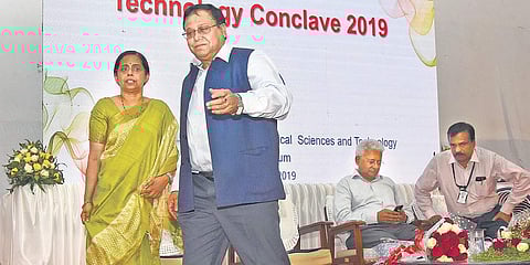 NITI Aayog member and scientist V K Saraswat heading to deliver the presidential address at the Technology Conclave 2019 in Thiruvananthapuram on Sunday. Institute director Asha Kishore is also seen | B P Deepu