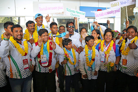 The athletes were greeted at Chennai International Airport with garlands, presents, hugs and congratulations from their families and friends. (Photo| Sunish P Surendran, EPS)