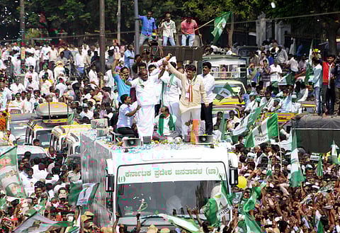 Chief Minister HD Kumaraswamy and Minister DK Shivakumar accompanying Nikhil Kumaraswamy the JD(S) - Congress Coalition candidate for Mandya LS Constituency as he proceeded in a procession to file his nomination at Mandya on Monday. (Express photo | Udays