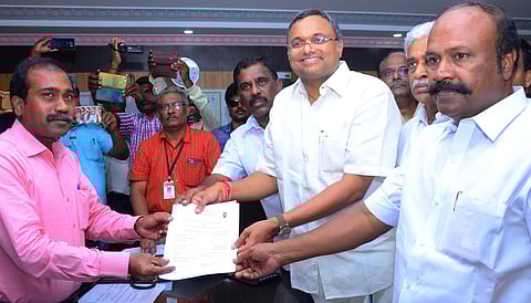 Congress candidate Karti Chidambaram is seen filing his nomination to contest in the Sivaganga Lok Sabha constituency at Sivaganga Collectorate.|S.Bala P