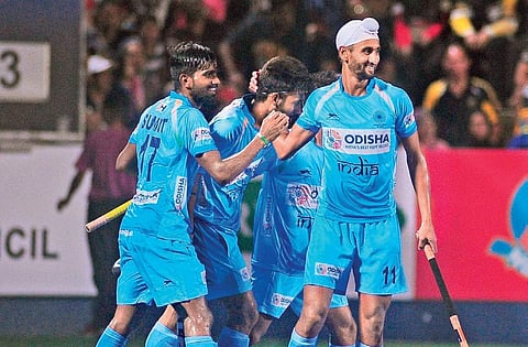 India players celebrate a goal against Malaysia in Ipoh on Tuesday