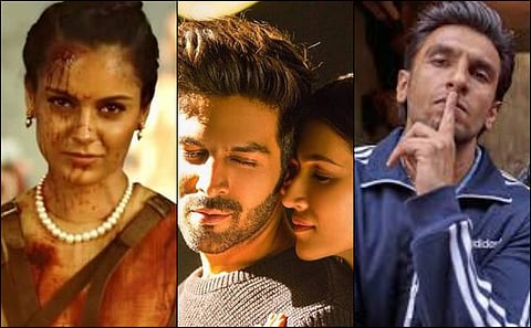 L-R: Stills from Manikarnika, Luka Chuppi, and Gully Boy.