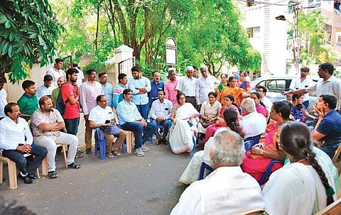 BJP supporters have a meeting outside Tejaswini Ananth Kumar’s residence in Bengaluru on Monday | EXPRESS
