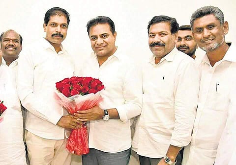 Yellareddy MLA from Congress, Jajala Surender, joins TRS in the presence of party working president KT Rama Rao on Thursday in Hyderabad | Express