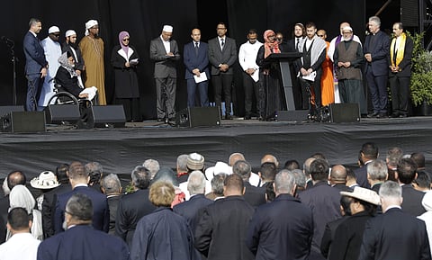 Members of the Christchurch Muslim community read the names of the dead during a national remembrance service for the victims of the March 15 mosques terrorist attack in Christchurch, New Zealand, Friday, March 29, 2019. (Photo | AP)