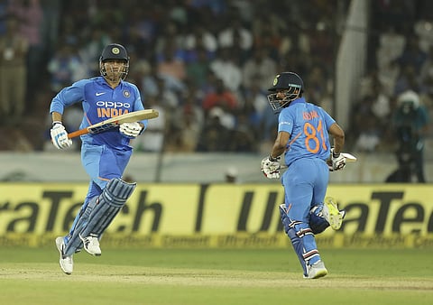 Dhoni and Jadhav added 141* for the fifth wicket to guide India home | AP