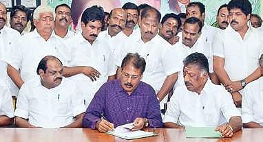 PT chief K Krishnasamy inks the poll pact in AIADMK coordinator O Panneerselvam’s presence in Chennai on Saturday | Express