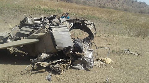 Debris of the MiG 27 aircraft which crashed near Jodhpur. (Photo | ANI/Twitter)