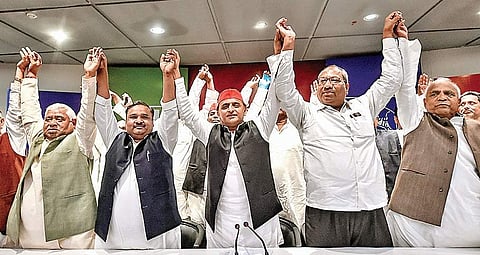 Nishad Party chief Sanjay Nishad (second from left) was reportedly upset at the delay in the SP’s decision for the Gorakhpur constituency’s candidate | PTI