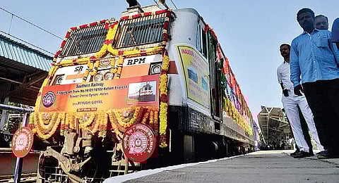 The locomotive seen decorated with garlands for inauguration of Chennai Egmore-Kollam regular train at Egmore station on Monday | D SAMPATHKUMAR