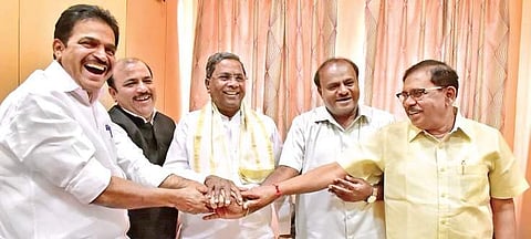(Left to right) AICC General Secretary Karnataka in-charge KC Venugopal, JD(S) National General Secretary Danish Ali, CLP leader Siddaramaiah, CM Kumaraswamy and Deputy CM G Parameshwara at the coordination committee meeting on Monday