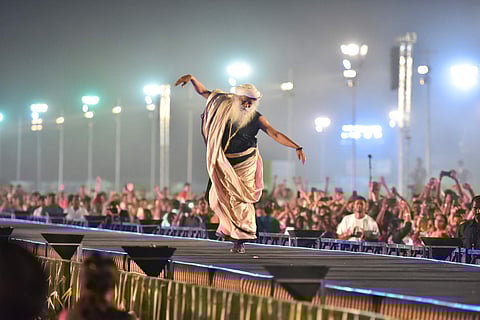Sadhguru Jaggi Vasudev in spiritual ecstasy on the occasion of Shivaratri at Isha Foundation Centre in Coimbatore. (Photo| U Rakesh Kumar, EPS)