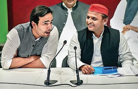 Samajwadi Party chief Akhilesh Yadav and RLD vice-president Jayant Chaudhary at a joint Press conference in Lucknow on Tuesday | PTI