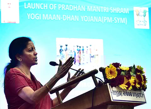 Union Defense Minister Nirmala sitharaman speaks at the launch of 'Pradhan Mantri shram Yogi Maan-dhan Yojana (Photo | P Jawahar/EPS)