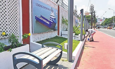 A worker giving final touches to the beautification work at Cochin Shipyard which is set to be opened to the public on Thursday (Photo |  Albin Mathew/EPS)