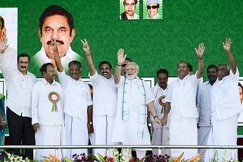 Prime Minister Narendra Modi during a public rally of the BJP-AIADMK-PMK alliance in Chennai Wednesday March 6 2019. (Photo| Shiba Prasad Sahu, EPS)