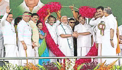 Prime Minister Narendra Modi, Chief Minister Edappadi K Palaniswami and Deputy Chief Minister O Panneerselvam during a public rally of BJP-AIADMK-PMK alliance in Chennai on Wednesday | Shiba Prasad Sahu