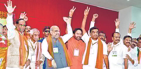 BJP chief Amit Shah and other senior party leaders from Telangana at a meeting in Nizamabad on Wednesday | Express