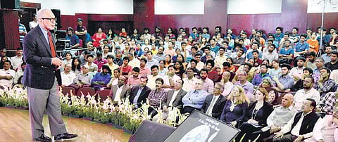 Maj Gen Charles Frank Bolden, former Administrator of NASA, speaks at MS Ramaiah Institute of Technoology in Bengaluru on Thursday | Nagaraja Gadekal