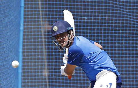MS Dhoni bats in the nets during a training session ahead of their third ODI match against Australia in Ranchi. | AP