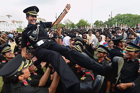 Chennai Cadets lift a colleague as they celebrate after a passing-out parade at Officers Training Academy OTA in Chennai Saturday March 9 2019. (Photo | PTI)