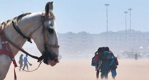 People take cover from a mild dust storm, at Marina Beach (File Photo |  P Jawahar/EPS)