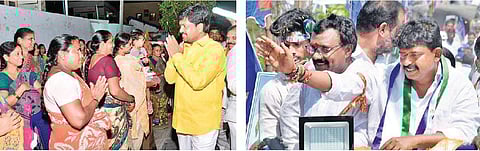 Sitting TDP MLA Kollu Ravindra and YSRC candidate Perni Venkatramaiah (right) campaigning in Machilipatnam Assembly constituency on Sunday | Express
